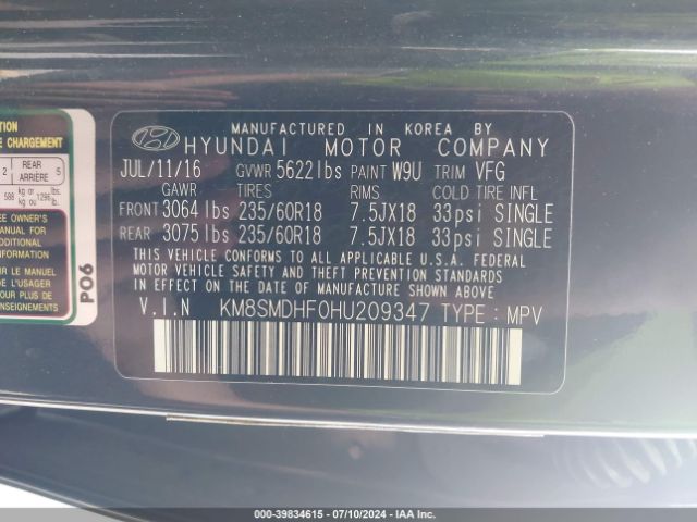 Photo 8 VIN: KM8SMDHF0HU209347 - HYUNDAI SANTA FE 