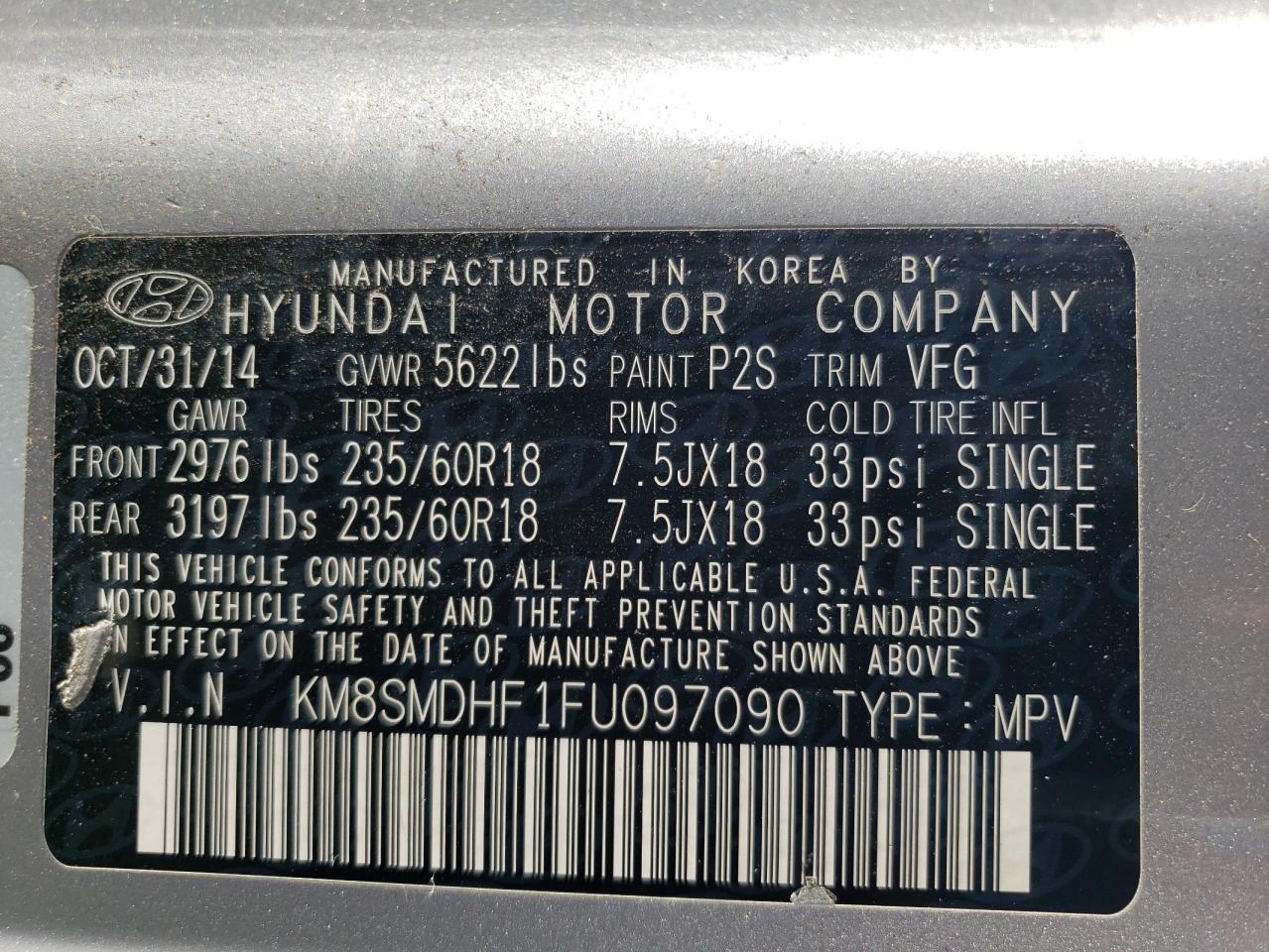 Photo 11 VIN: KM8SMDHF1FU097090 - HYUNDAI SANTA FE 