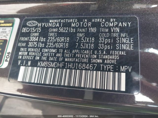 Photo 8 VIN: KM8SMDHF1HU168467 - HYUNDAI SANTA FE 