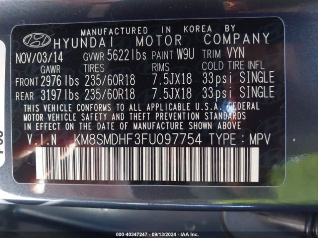 Photo 8 VIN: KM8SMDHF3FU097754 - HYUNDAI SANTA FE 