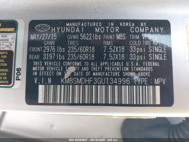 Photo 8 VIN: KM8SMDHF3GU134996 - HYUNDAI SANTA FE 