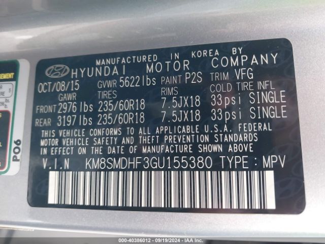 Photo 8 VIN: KM8SMDHF3GU155380 - HYUNDAI SANTA FE 