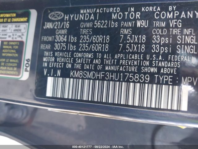 Photo 8 VIN: KM8SMDHF3HU175839 - HYUNDAI SANTA FE 