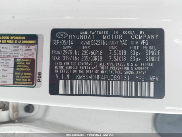 Photo 8 VIN: KM8SMDHF4FU089131 - HYUNDAI SANTA FE 