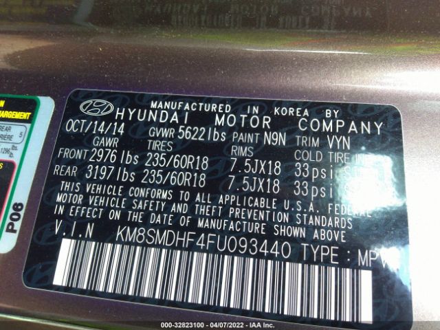 Photo 8 VIN: KM8SMDHF4FU093440 - HYUNDAI SANTA FE 