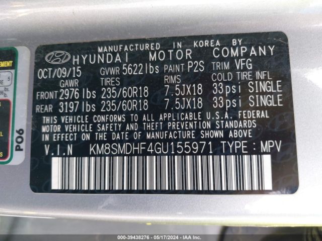 Photo 8 VIN: KM8SMDHF4GU155971 - HYUNDAI SANTA FE 