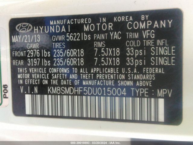 Photo 8 VIN: KM8SMDHF5DU015004 - HYUNDAI SANTA FE 