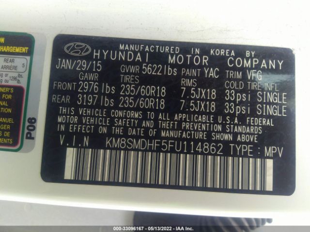 Photo 8 VIN: KM8SMDHF5FU114862 - HYUNDAI SANTA FE 