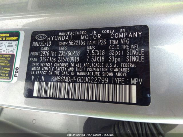 Photo 8 VIN: KM8SMDHF6DU022799 - HYUNDAI SANTA FE 