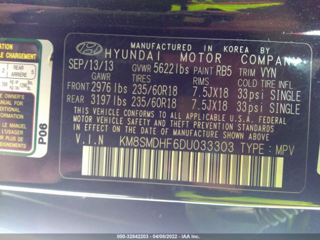 Photo 8 VIN: KM8SMDHF6DU033303 - HYUNDAI SANTA FE 