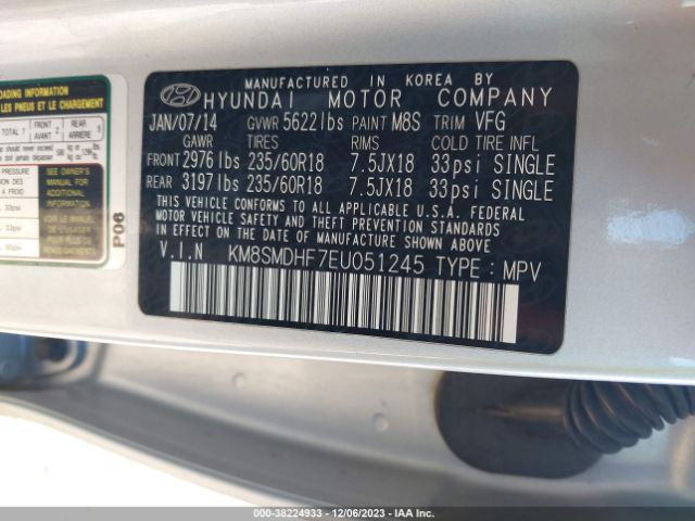 Photo 8 VIN: KM8SMDHF7EU051245 - HYUNDAI SANTA FE 