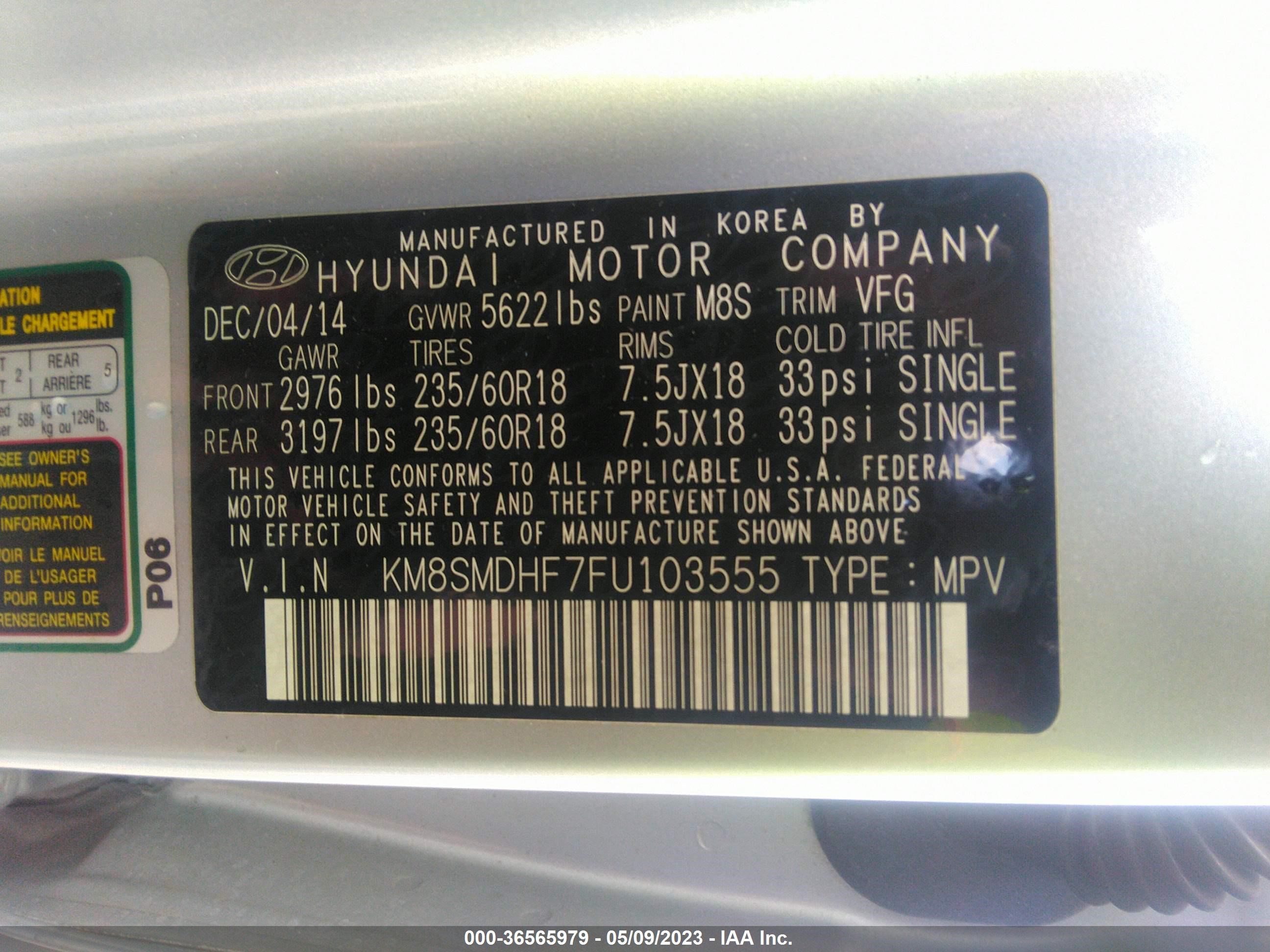 Photo 8 VIN: KM8SMDHF7FU103555 - HYUNDAI SANTA FE 