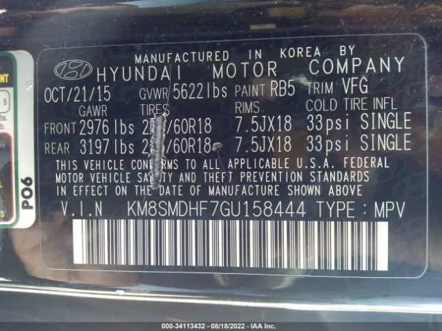 Photo 8 VIN: KM8SMDHF7GU158444 - HYUNDAI SANTA FE 