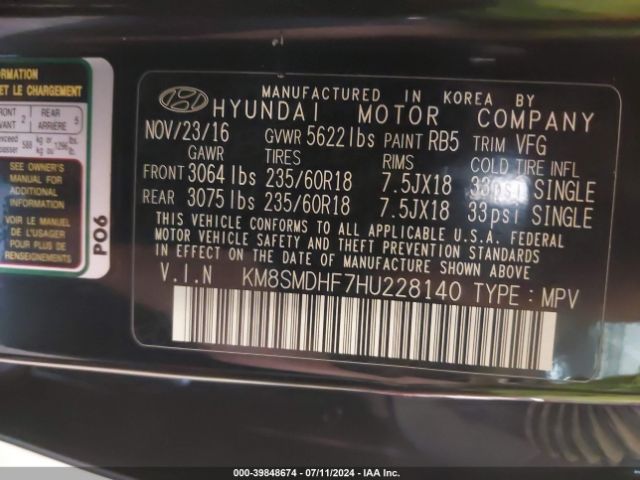 Photo 8 VIN: KM8SMDHF7HU228140 - HYUNDAI SANTA FE 