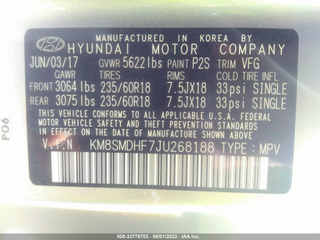 Photo 8 VIN: KM8SMDHF7JU268188 - HYUNDAI SANTA FE 