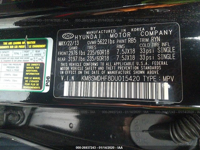 Photo 8 VIN: KM8SMDHF8DU015420 - HYUNDAI SANTA FE 