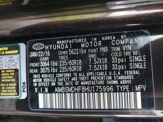 Photo 12 VIN: KM8SMDHF8HU175996 - HYUNDAI SANTA FE S 