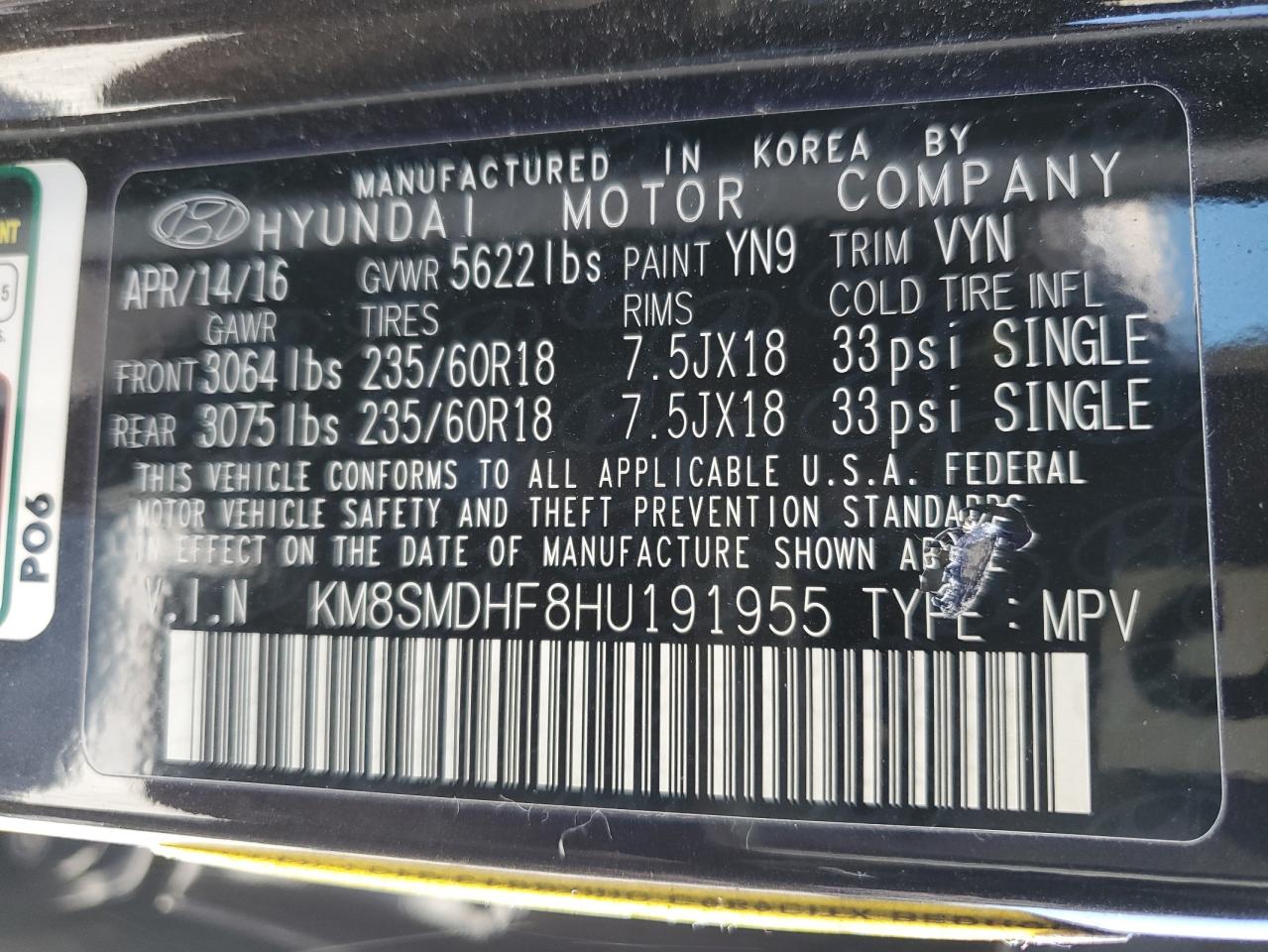 Photo 11 VIN: KM8SMDHF8HU191955 - HYUNDAI SANTA FE 