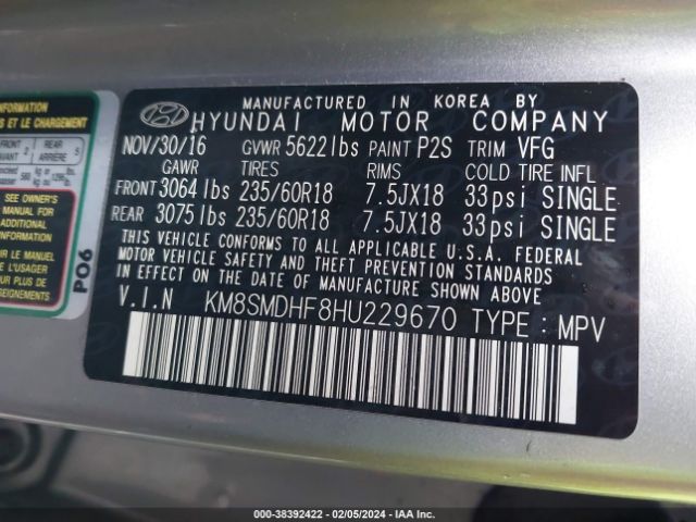 Photo 8 VIN: KM8SMDHF8HU229670 - HYUNDAI SANTA FE 