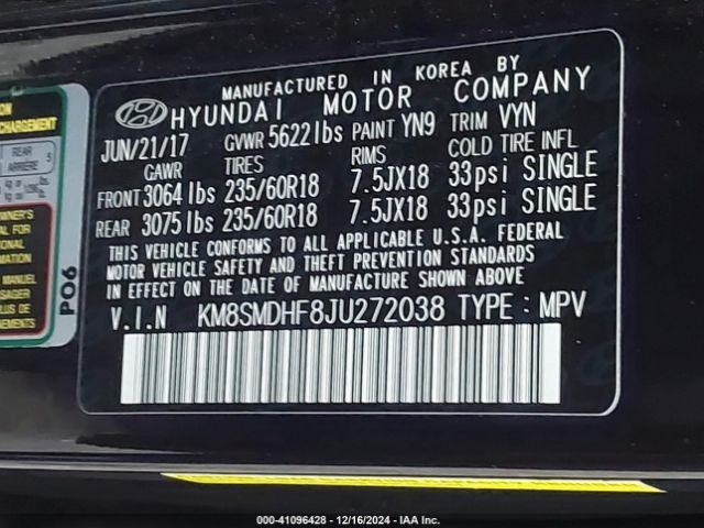 Photo 8 VIN: KM8SMDHF8JU272038 - HYUNDAI SANTA FE 