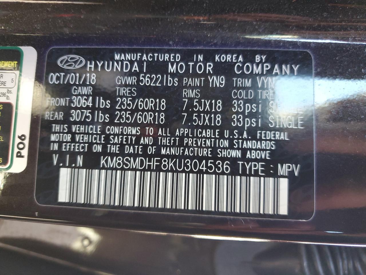 Photo 12 VIN: KM8SMDHF8KU304536 - HYUNDAI SANTA FE 