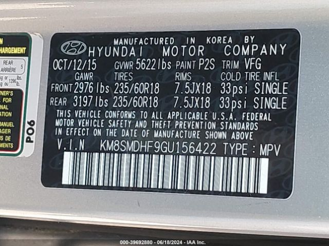 Photo 8 VIN: KM8SMDHF9GU156422 - HYUNDAI SANTA FE 