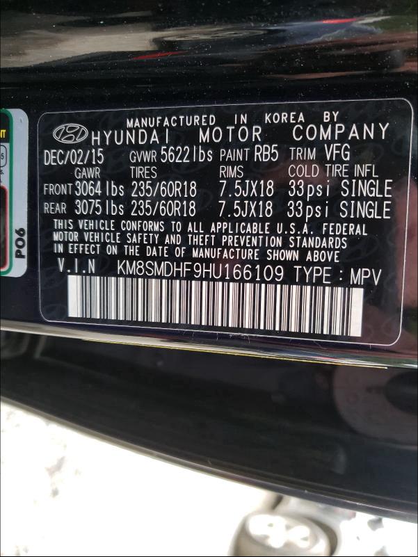 Photo 9 VIN: KM8SMDHF9HU166109 - HYUNDAI GRAND SANTA FE 