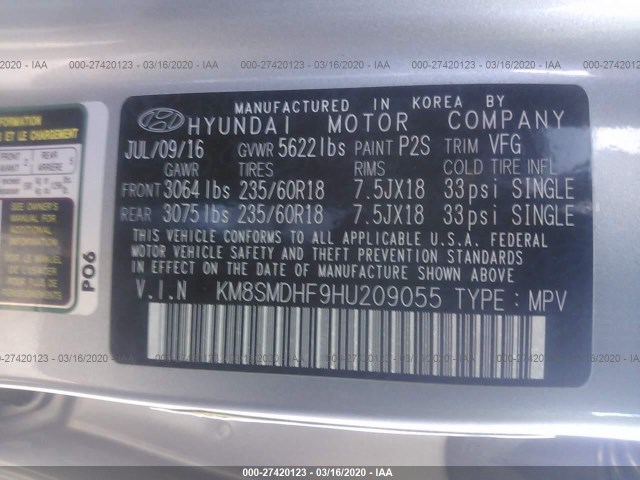 Photo 8 VIN: KM8SMDHF9HU209055 - HYUNDAI SANTA FE 