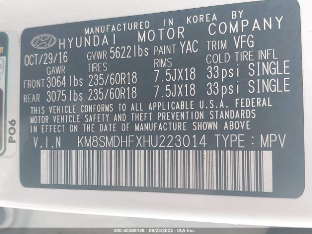 Photo 8 VIN: KM8SMDHFXHU223014 - HYUNDAI SANTA FE 