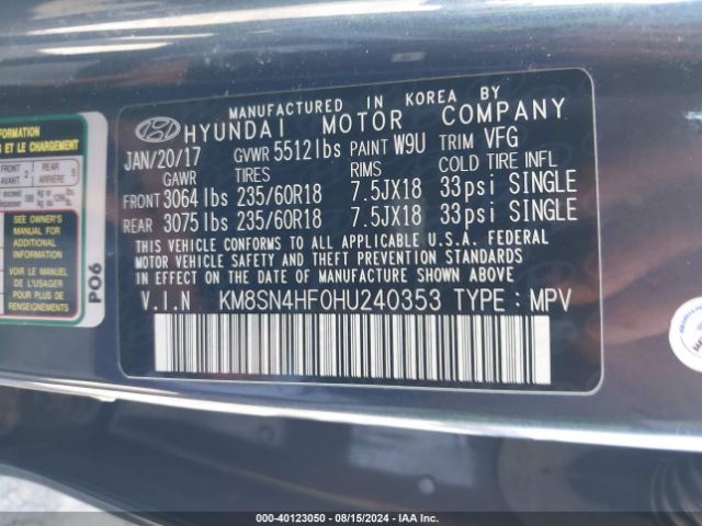 Photo 8 VIN: KM8SN4HF0HU240353 - HYUNDAI SANTA FE 