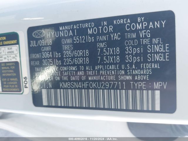 Photo 8 VIN: KM8SN4HF0KU297711 - HYUNDAI SANTA FE XL 