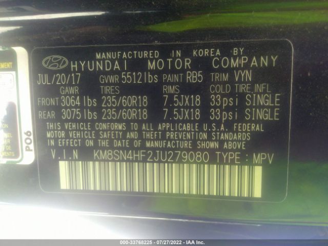 Photo 8 VIN: KM8SN4HF2JU279080 - HYUNDAI SANTA FE 