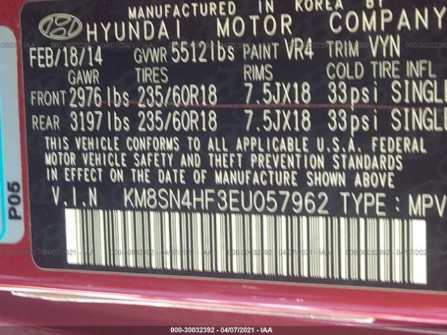 Photo 8 VIN: KM8SN4HF3EU057962 - HYUNDAI SANTA FE 