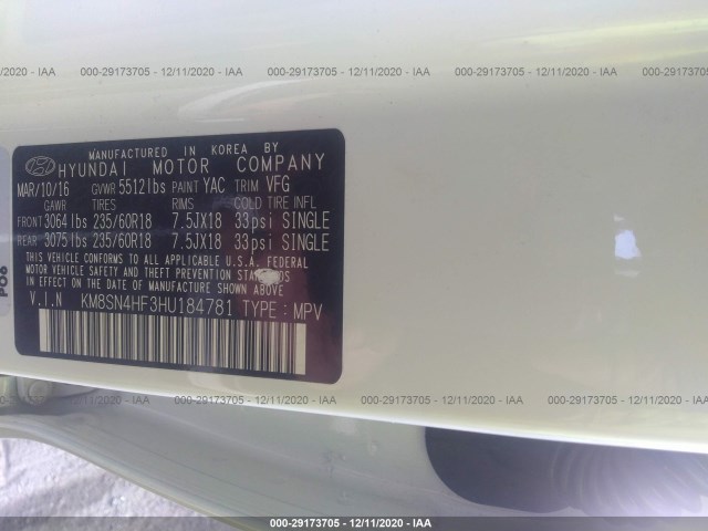 Photo 8 VIN: KM8SN4HF3HU184781 - HYUNDAI SANTA FE 