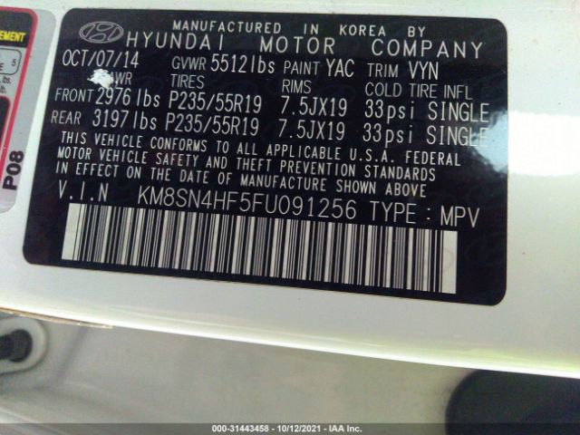 Photo 8 VIN: KM8SN4HF5FU091256 - HYUNDAI SANTA FE 