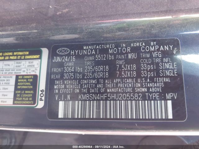 Photo 8 VIN: KM8SN4HF5HU205582 - HYUNDAI SANTA FE 