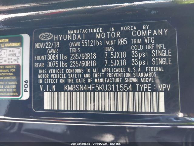 Photo 8 VIN: KM8SN4HF5KU311554 - HYUNDAI SANTA FE XL 