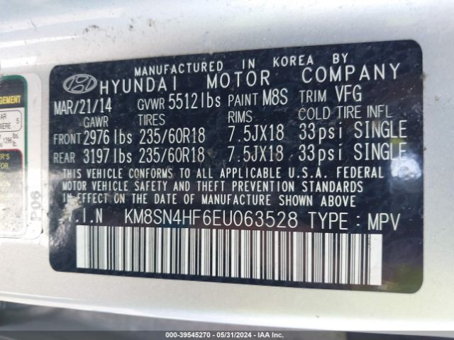 Photo 8 VIN: KM8SN4HF6EU063528 - HYUNDAI SANTA FE 