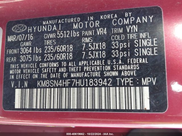 Photo 8 VIN: KM8SN4HF7HU183942 - HYUNDAI SANTA FE 