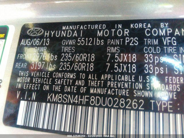 Photo 8 VIN: KM8SN4HF8DU028262 - HYUNDAI SANTA FE 