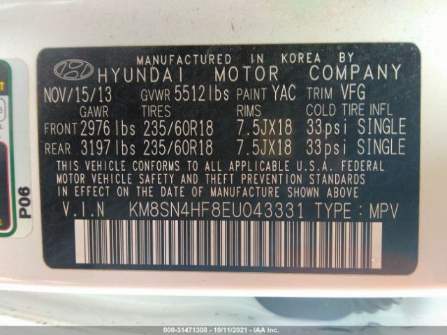 Photo 8 VIN: KM8SN4HF8EU043331 - HYUNDAI SANTA FE 