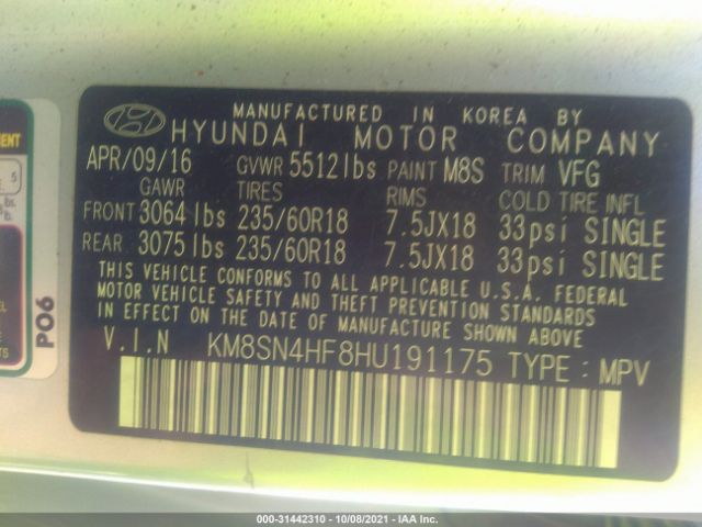 Photo 8 VIN: KM8SN4HF8HU191175 - HYUNDAI SANTA FE 