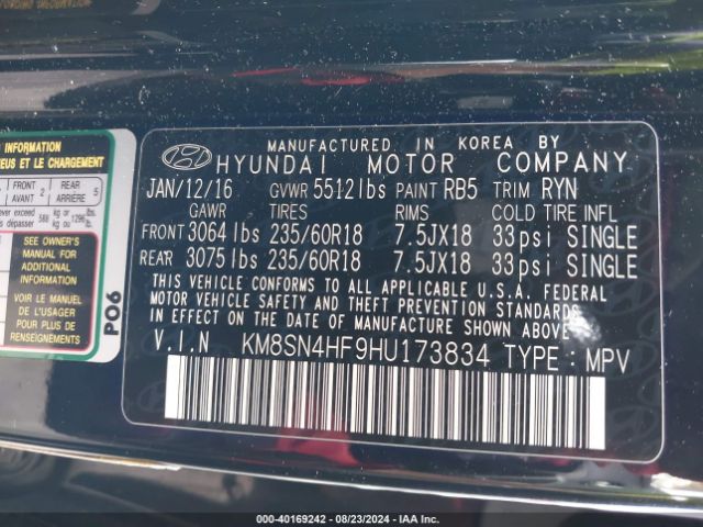 Photo 8 VIN: KM8SN4HF9HU173834 - HYUNDAI SANTA FE 