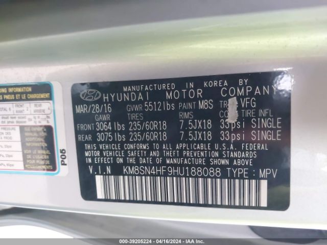 Photo 8 VIN: KM8SN4HF9HU188088 - HYUNDAI SANTA FE 