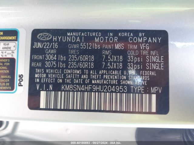 Photo 8 VIN: KM8SN4HF9HU204953 - HYUNDAI SANTA FE 