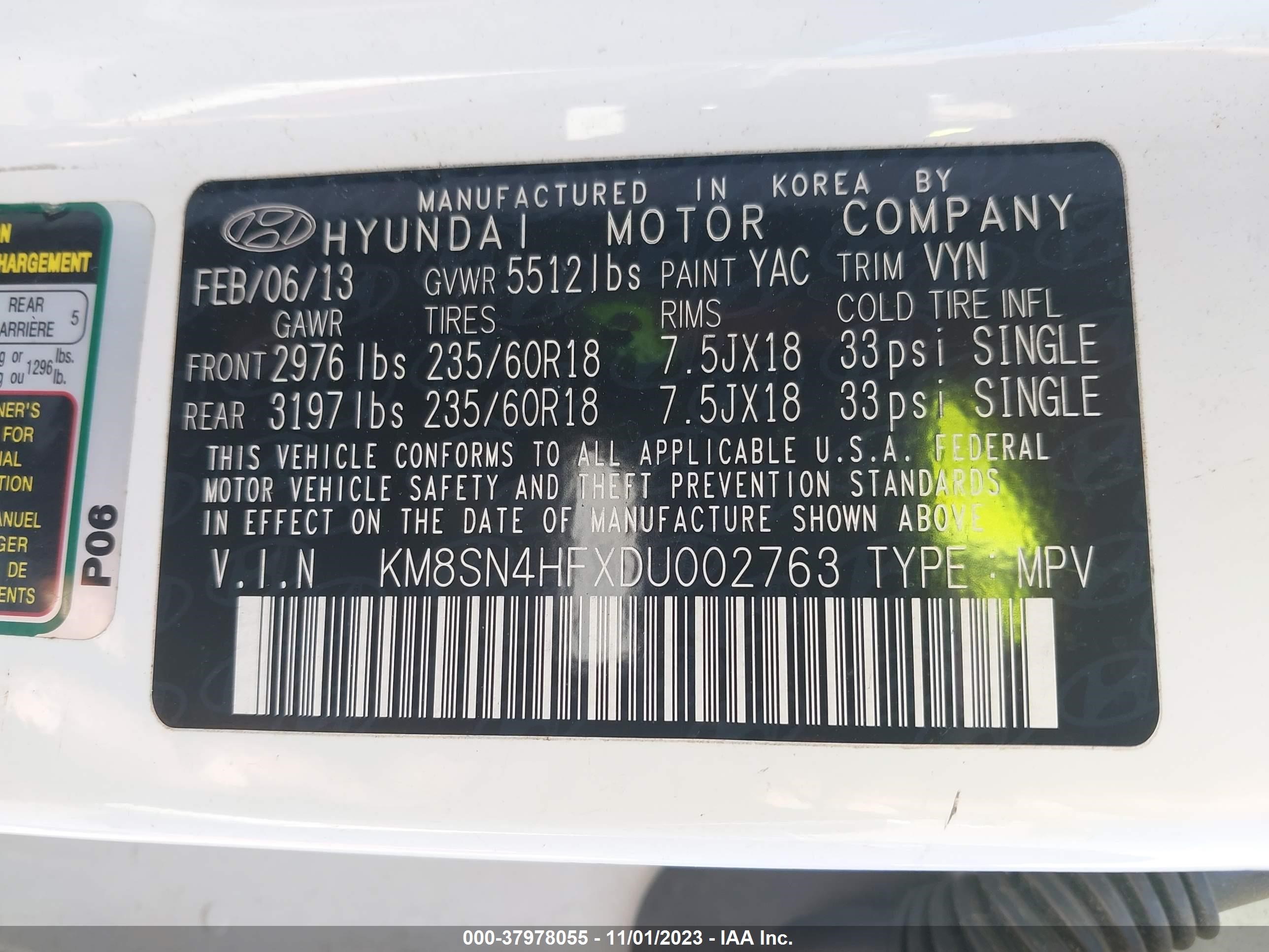 Photo 8 VIN: KM8SN4HFXDU002763 - HYUNDAI SANTA FE 