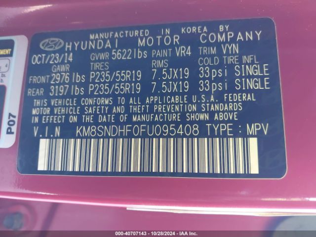 Photo 8 VIN: KM8SNDHF0FU095408 - HYUNDAI SANTA FE 