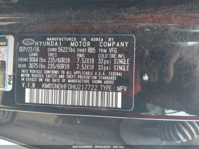 Photo 8 VIN: KM8SNDHF0HU217722 - HYUNDAI SANTA FE 