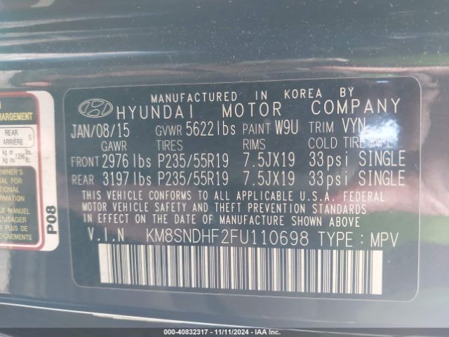 Photo 8 VIN: KM8SNDHF2FU110698 - HYUNDAI SANTA FE 