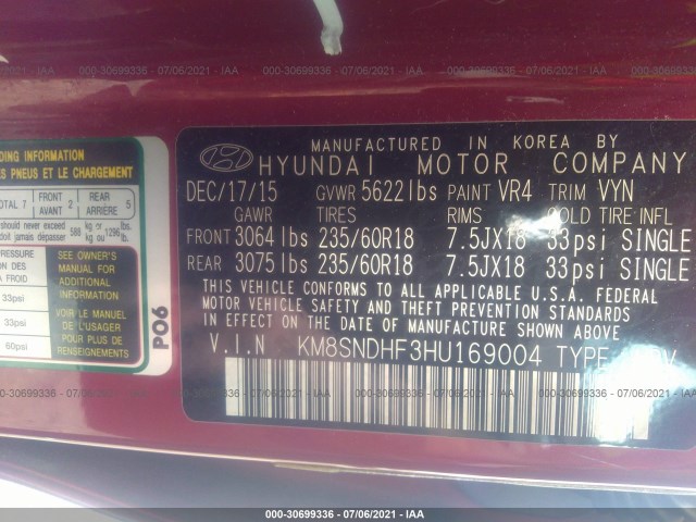 Photo 8 VIN: KM8SNDHF3HU169004 - HYUNDAI SANTA FE 